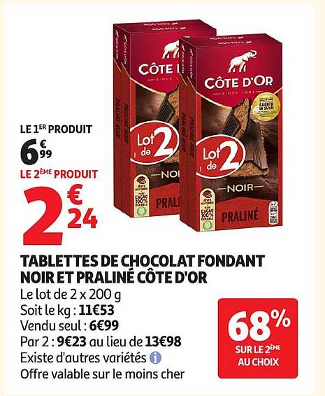 TABLETTES DE CHOCOLAT FONDANT NOIR ET PRALINÉ CÔTE D'OR