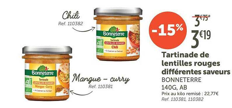 Tartinade de lentilles rouges différentes saveurs BONNETERRE 140G, AB