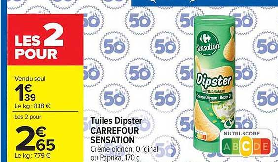 Tuiles Dipster CARREFOUR SENSATION Crème oignon, Original ou Paprika, 170 g.