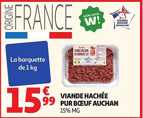 VIANDE HACHÉE PUR BŒUF AUCHAN 15% MG