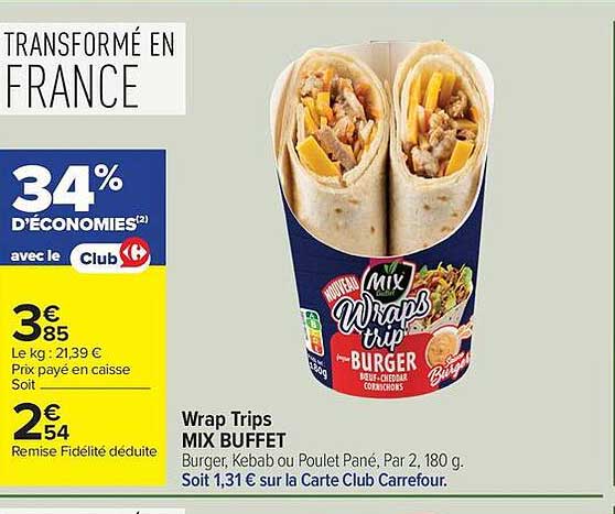 Wrap Trips MIX BUFFET Burger, Kebab ou Poulet Pané, Par 2, 180 g.