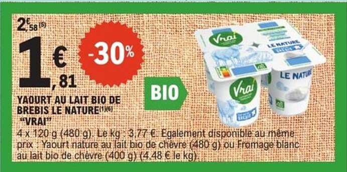 YAOURT AU LAIT BIO DE BREBIS LE NATURE (1,5%) "VRAI"