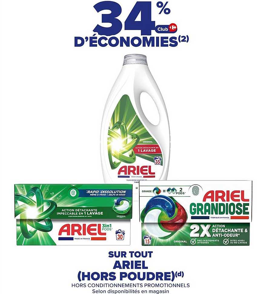 34% D'ÉCONOMIES Sur Tout Ariel (HORS POUDRE)