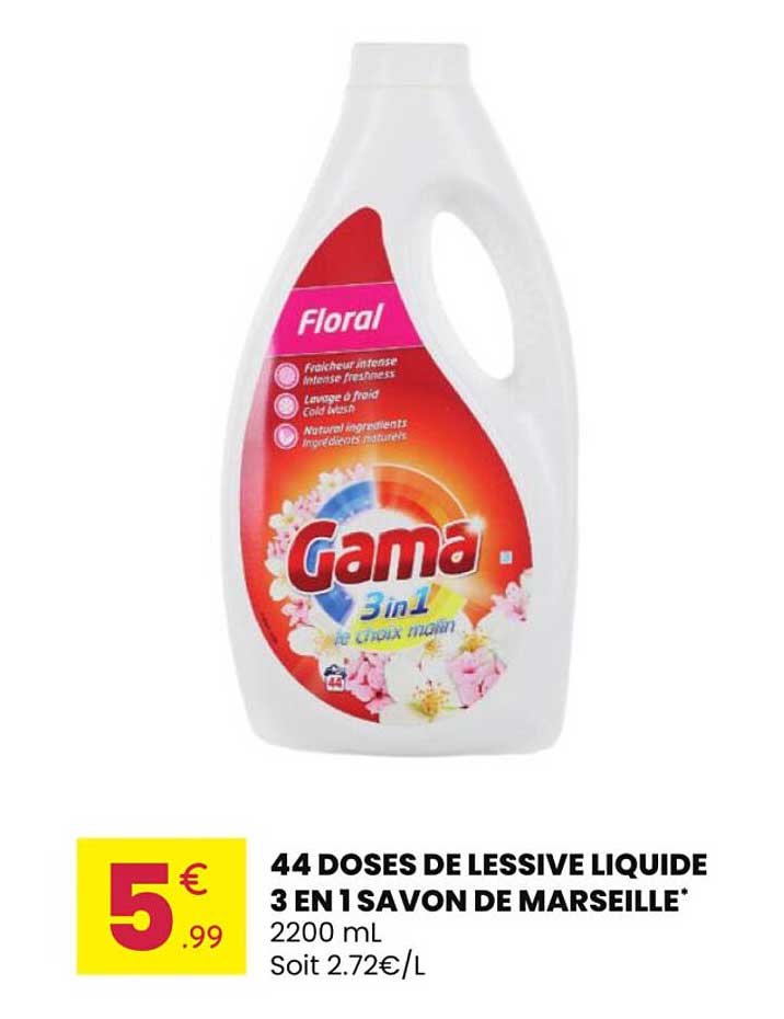 44 DOSES DE LESSIVE LIQUIDE 3 EN 1 SAVON DE MARSEILLE*