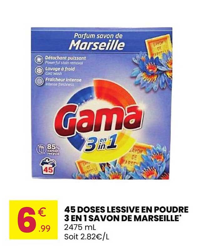 45 DOSES LESSIVE EN POUDRE 3 EN 1 SAVON DE MARSEILLE