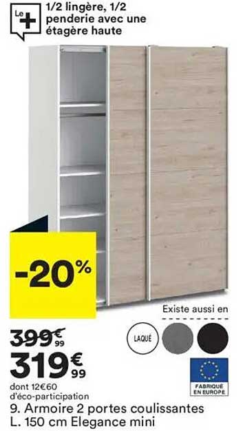 Armoire 2 portes coulissantes L. 150 cm Elegance mini