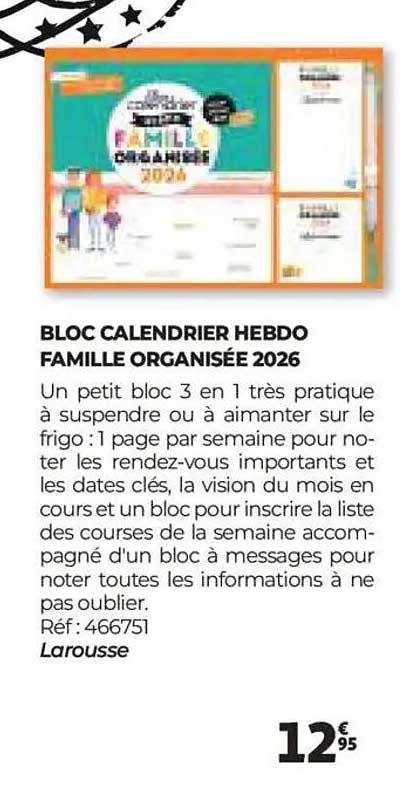 BLOC CALENDRIER HEBDO FAMILLE ORGANISÉE 2026