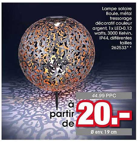 Lampe solaire Boule, métal tressorage décoratif couleur argent
