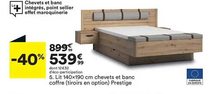 Lit 140x190 cm chevets et banc coffre (tiroirs en option) Prestige