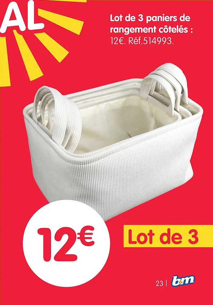 Lot de 3 paniers de rangement côtelés