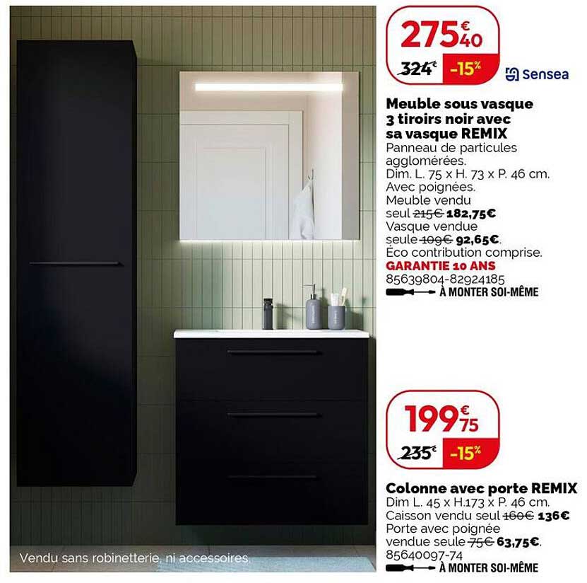 Meuble sous vasque 3 tiroirs noir avec sa vasque REMIX