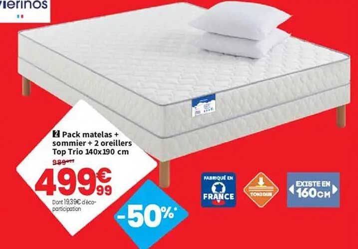 Pack matelas + sommier + 2 oreillers Top Trio 140x190 cm
