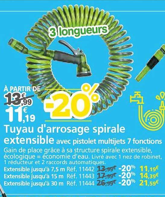 Tuyau d'arrosage spirale extensible avec pistolet multijets 7 fonctions
