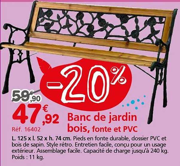 -20% Banc de jardin bois, fonte et PVC