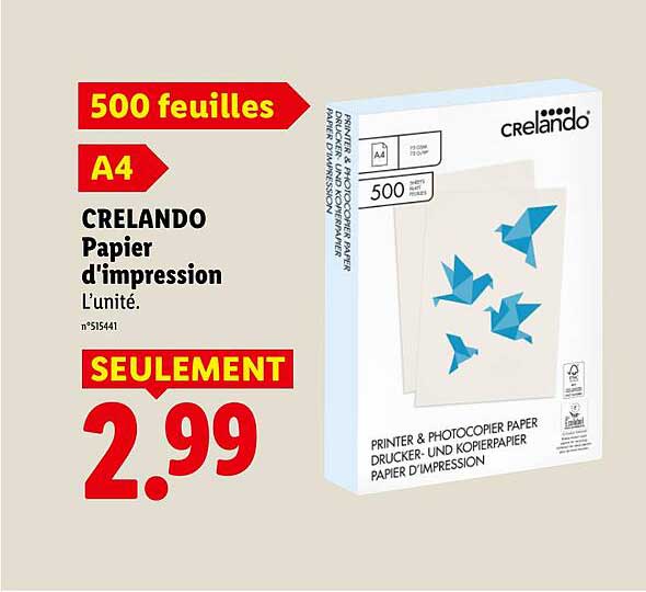500 feuilles A4 CRELANDO Papier d'impression L'unité.