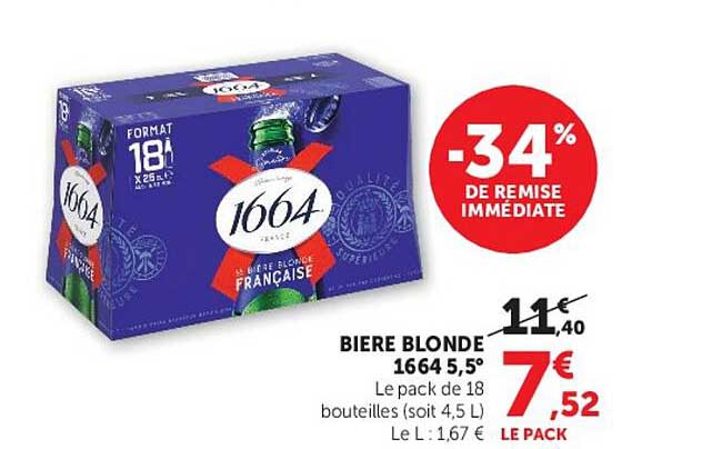 BIERE BLONDE 1664 5,5° Le pack de 18 bouteilles (soit 4,5 L)