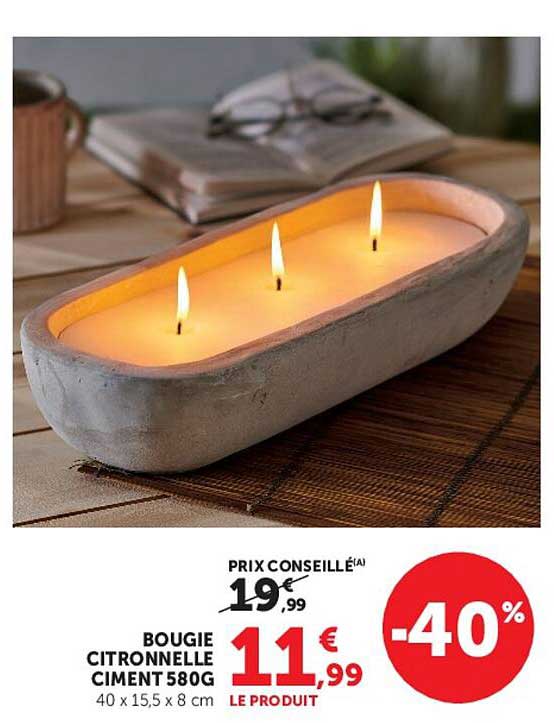 BOUGIE CITRONNELLE CIMENT 580G 40 x 15,5 x 8 cm