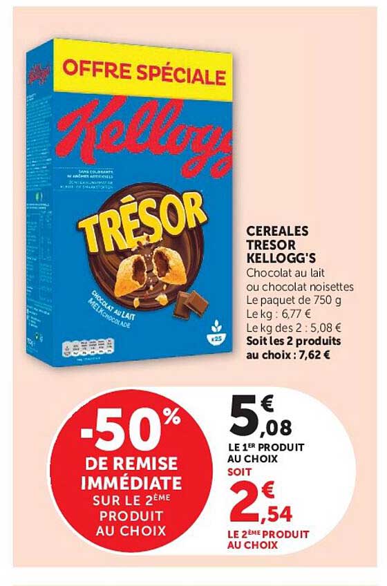 CEREALES TRESOR KELLOGG'S Chocolat au lait ou chocolat noisettes