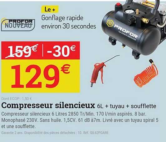 Compresseur silencieux 6L + tuyau + soufflette