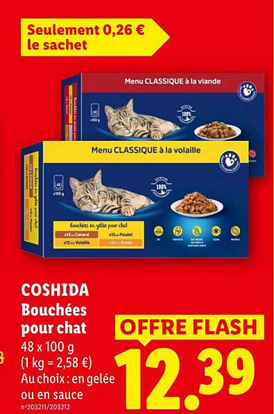 COSHIDA Bouchées pour chat 48 x 100 g (1 kg = 2,58 €) Au choix : en gelée ou en sauce