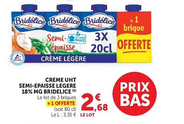 CREME UHT SEMI-EPAISSE LEGERE 18% MG BRIDELICE (1) Le lot de 3 briques + 1 OFFERTE (soit 80 cl)