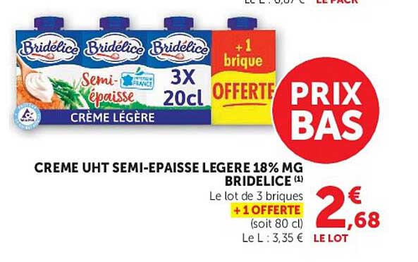 CREME UHT SEMI-EPAISSE LEGERE 18% MG BRIDELICE