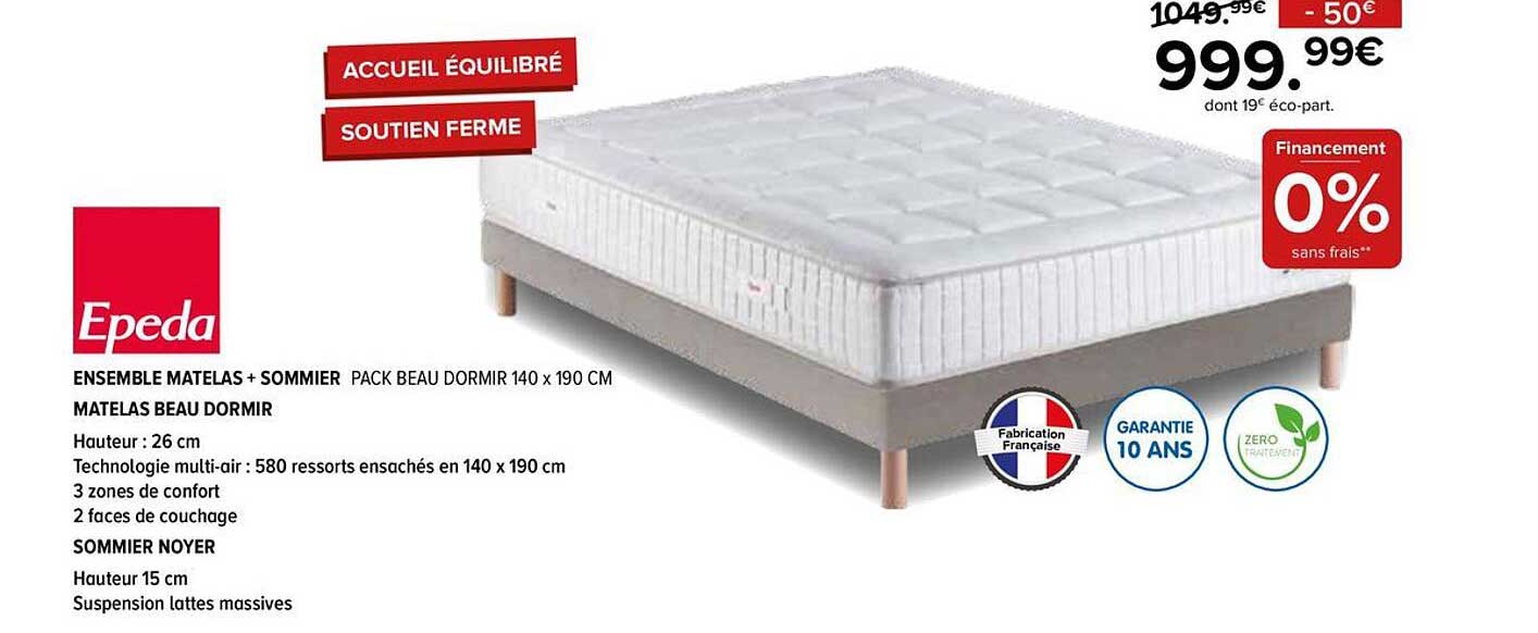 ENSEMBLE MATELAS + SOMMIER PACK BEAU DORMIR 140 x 190 CM