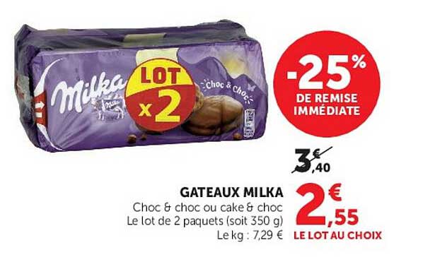 GATEAUX MILKA Choc & choc ou cake & choc Le lot de 2 paquets (soit 350 g)
