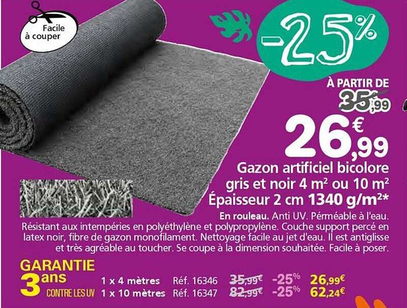 Gazon artificiel bicolore gris et noir 4 m² ou 10 m²