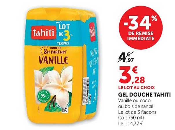 GEL DOUCHE TAHITI Vanille ou coco ou bois de santal
