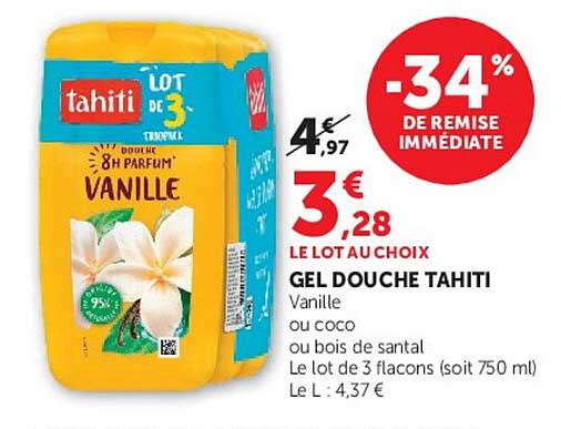 GEL DOUCHE TAHITI Vanille ou coco ou bois de santal