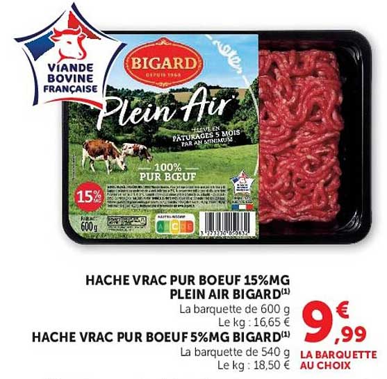 HACHE VRAC PUR BOEUF 15%MG PLEIN AIR BIGARD