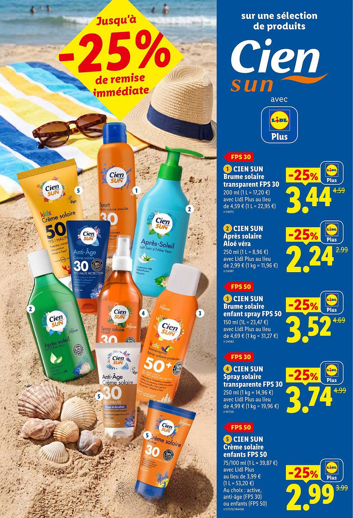 Jusqu'à -25% de remise immédiate sur une sélection de produits Cien sun avec Lidl Plus