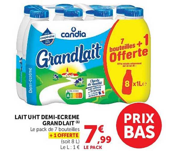 LAIT UHT DEMI-ECREME GRANDLAIT (1) Le pack de 7 bouteilles + 1 OFFERTE (soit 8 L)
