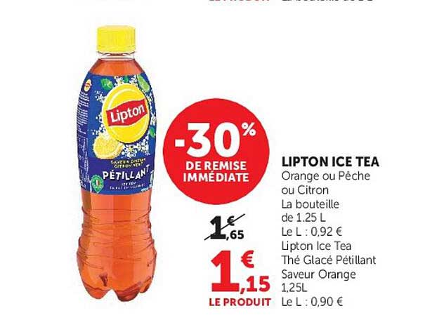 LIPTON ICE TEA Orange ou Pêche ou Citron La bouteille de 1.25 L