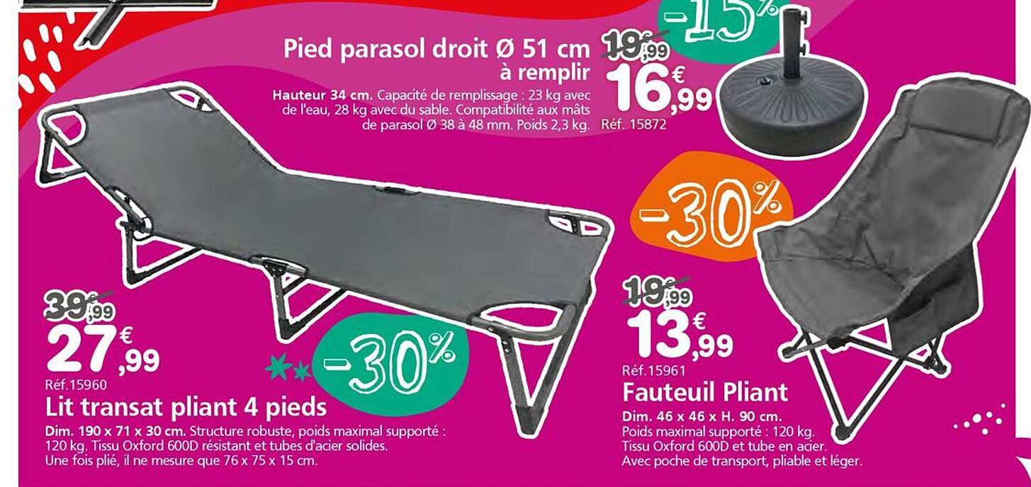 Lit transat pliant 4 pieds