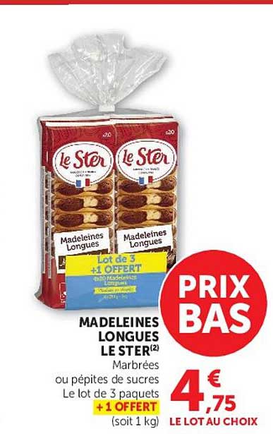 MADELEINES LONGUES LE STER(2) Marbrées ou pépites de sucres Le lot de 3 paquets +1 OFFERT
