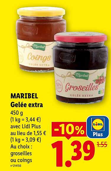 MARIBEL Gelée extra 450 g (1 kg = 3,44 €) avec Lidl Plus au lieu de 1,55 € (1 kg = 3,09 €) Au choix : groseilles ou coings n°214156