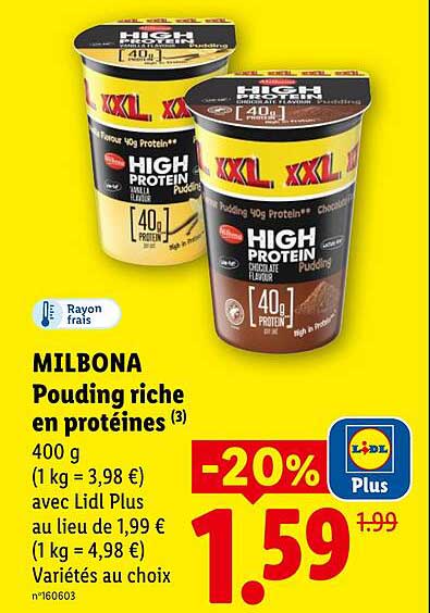 MILBONA Pouding riche en protéines (3) 400 g (1 kg = 3,98 €) avec Lidl Plus au lieu de 1,99 € (1 kg = 4,98 €) Variétés au choix