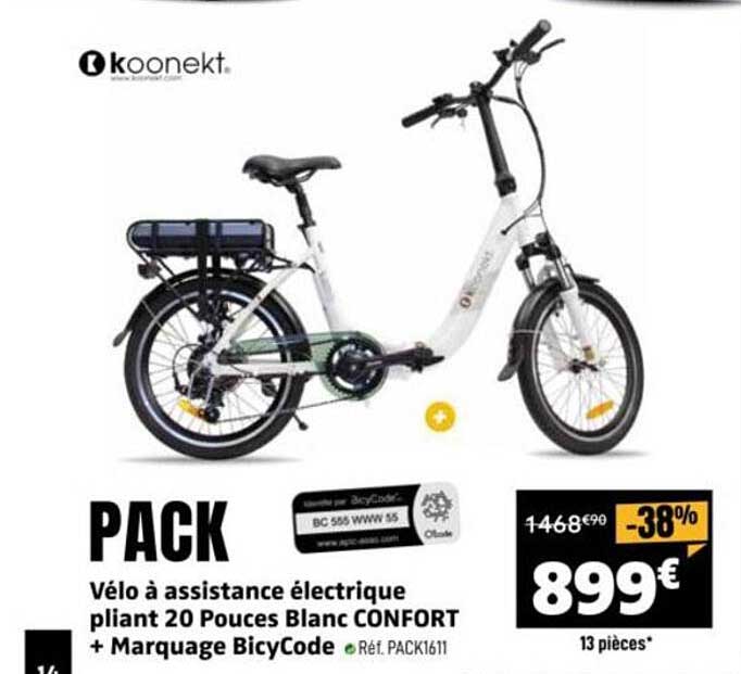 PACK Vélo à assistance électrique pliant 20 Pouces Blanc CONFORT + Marquage BicyCode