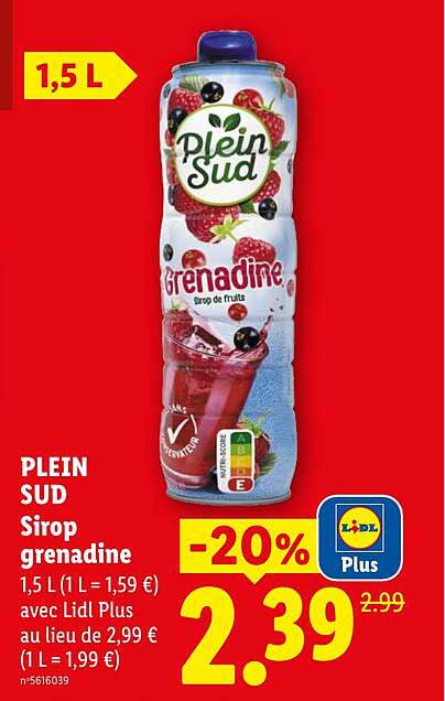 PLEIN SUD Sirop grenadine 1,5 L (1 L = 1,59 €) avec Lidl Plus au lieu de 2,99 € (1 L = 1,99 €)