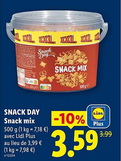 SNACK DAY Snack mix 500 g (1 kg = 7,18 €) avec Lidl Plus au lieu de 3,99 € (1 kg = 7,98 €)