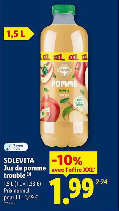 SOLEVITA Jus de pomme trouble (3) 1,5 L (1 L = 1,33 €)