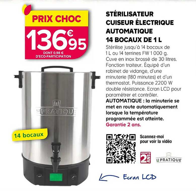 STÉRILISATEUR CUISEUR ÉLECTRIQUE AUTOMATIQUE 14 BOCAUX DE 1 L