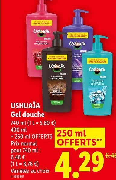USHUAÏA Gel douche 740 ml (1 L = 5,80 €) 490 ml + 250 ml OFFERTS Prix normal pour 740 ml : 6,48 € (1 L = 8,76 €) Variétés au choix