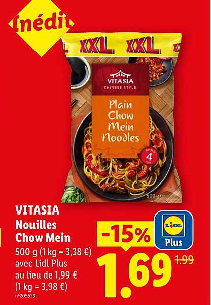 VITASIA Nouilles Chow Mein 500 g (1 kg = 3,38 €) avec Lidl Plus au lieu de 1,99 € (1 kg = 3,98 €)