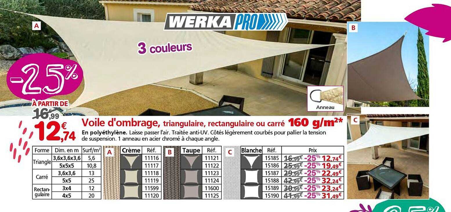 Voile d'ombrage, triangulaire, rectangulaire ou carré 160 g/m²*
