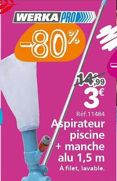 WERKA PRO -80% Aspirateur piscine + manche alu 1,5 m À filet, lavable.