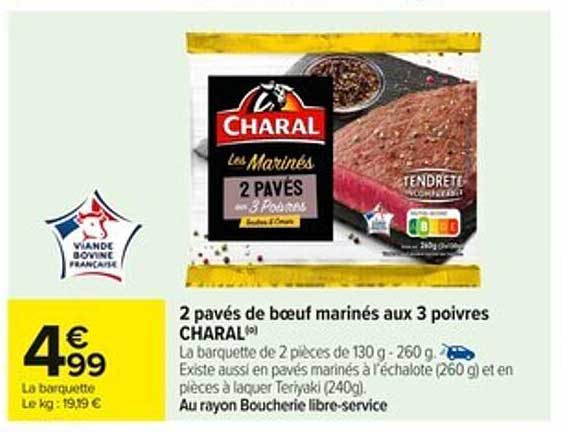 2 pavés de boeuf marinés aux 3 poivres CHARAL