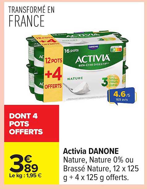 Activia DANONE Nature, Nature 0% ou Brassé Nature, 12 x 125 g + 4 x 125 g offerts